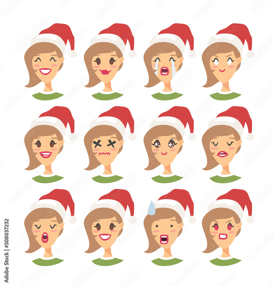 Set of drawing emotional caucasian character with Christmas hat. Cartoon style emotion icon. Flat illustration girl avatar with different facial expressions. Hand drawn vector emoticon women faces Set of drawing emotional caucasian character with Christmas hat. Cartoon style emotion icon. Flat illustration girl avatar with different facial expressions. Hand drawn vector emoticon women faces