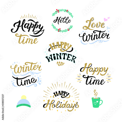 Winter season inspiration quotes lettering. Motivational phrases with flat elements. Winter vector signs set and texts. Calligraphy graphic design element.