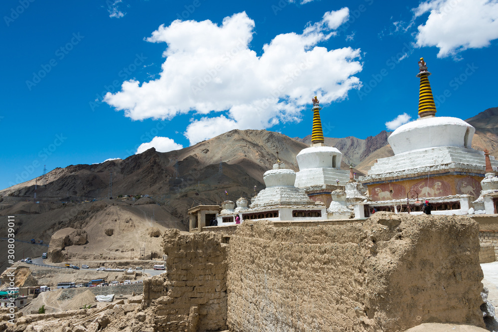Ladakh, India - Jun 29 2019 - Pagoda at Lamayuru Monastery (Lamayuru Gompa) in Ladakh, Jammu and Kashmir, India. The Monastery was originally built in 10-11th century.