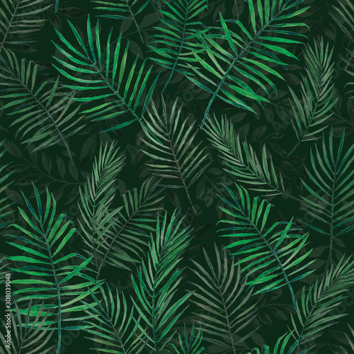 stock illustration palm leaves seamless pattern. tropics jungle. Exotic leaves watercolor seamless pattern. dark colors. for wrapper textile wallpaper