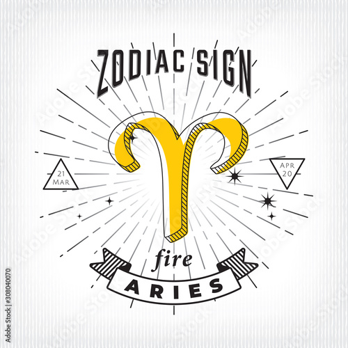 Zodiac Sign Aries Logo and Fire Lettering with Aries Constellation Stars and Dates over Rays Circle - Black on White Striped Background - Vintage Graphic Design