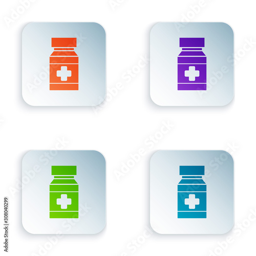 Color Dog medicine bottle and pills icon isolated on white background. Container with pills. Prescription medicine for animal. Set icons in square buttons. Vector Illustration