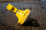 Warning buoy at the river. drought concept