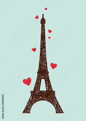 Eiffel tower isolated on blue background. Print of Eiffel tower for t-shirt, card, poster, mug. Symbol of Paris. Symbol of France.
