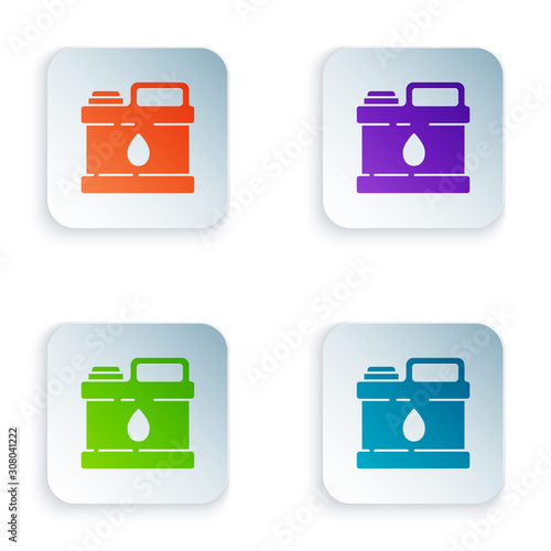 Color Plastic canister for motor machine oil icon isolated on white background. Oil gallon. Oil change service and repair. Set icons in square buttons. Vector Illustration