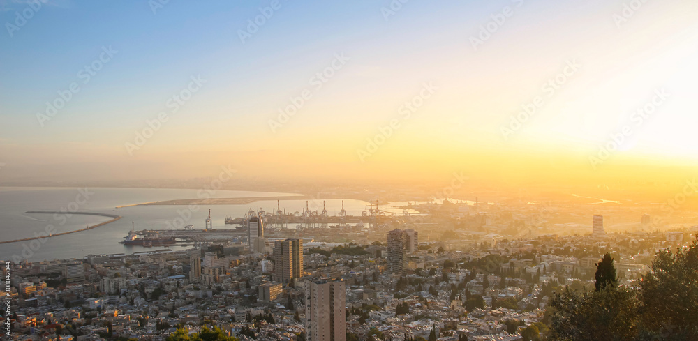 View from the Mount Carmel to City of Haifa, Harbour and Industrial Zone. Early Morning Landscape.