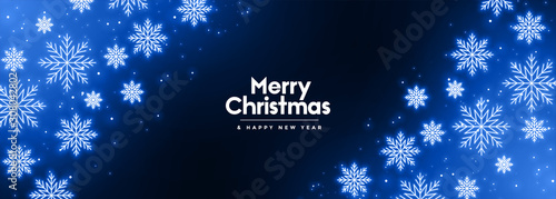 glowing blue neon snowflakes winter merry christmas banner