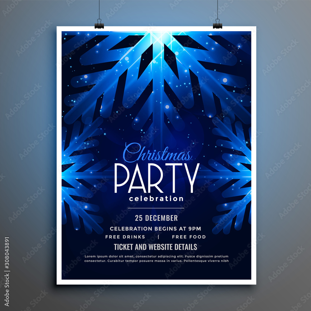christmas party blue snowflakes flyer template design - obrazy, fototapety, plakaty 