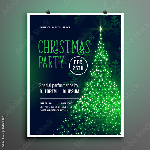 christmas party sparkle tree green flyer template design