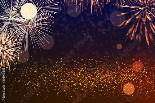 Photography Golden fireworks in the dark sky with festive bokeh