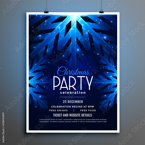 christmas party blue snowflakes flyer template design