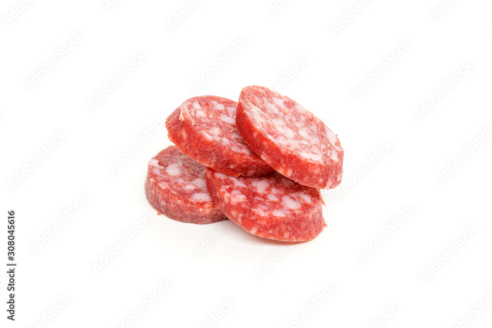 salami slices isolated on white background salami slices isolated on white background