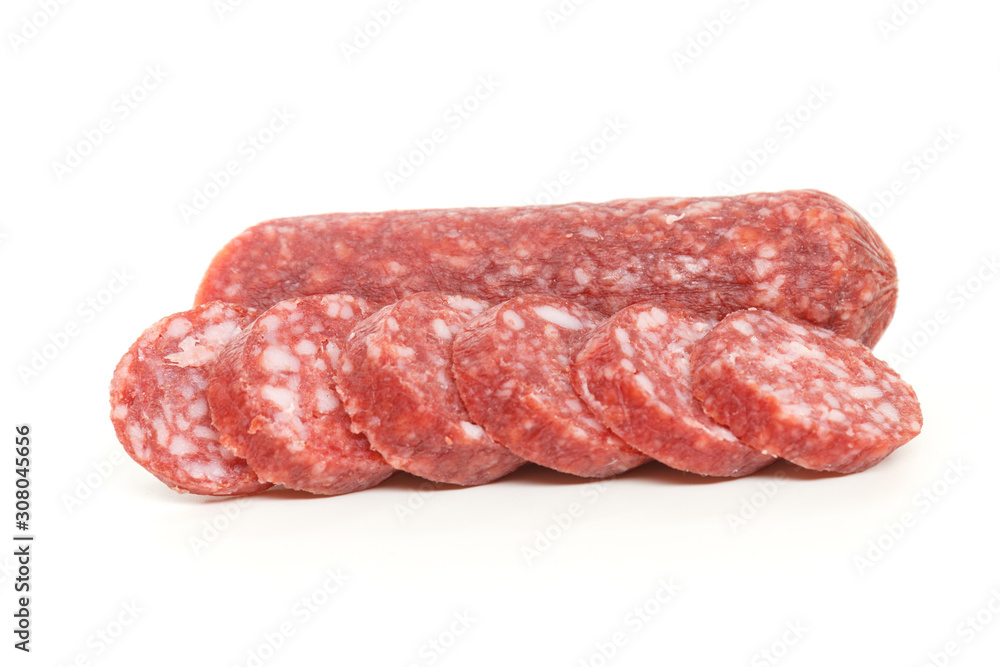smoked salami sausage on a white background smoked salami sausage on a white background