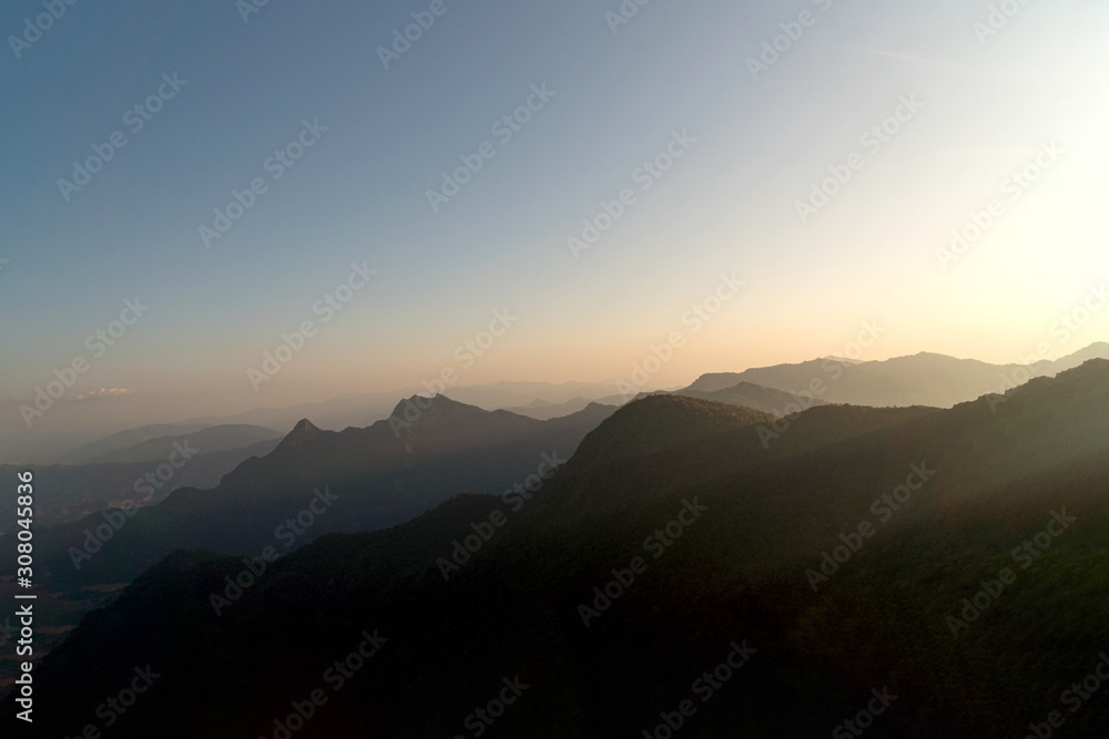 Morning of the foggy day With a mountainous landscape Northern Thailand during the cold season.