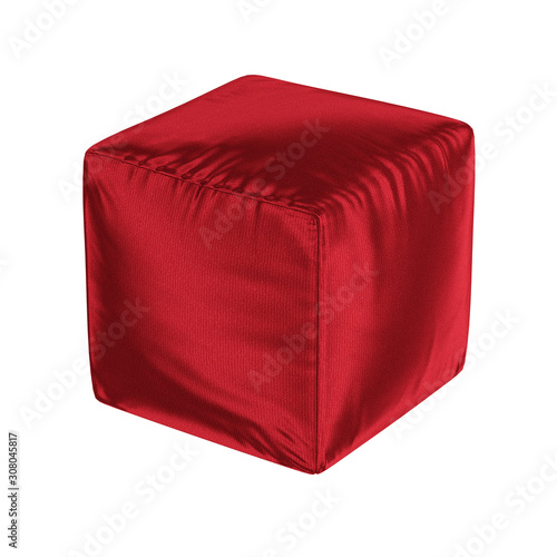 Soft square red pouf made of velvet on an isolated background. 3D rendering
