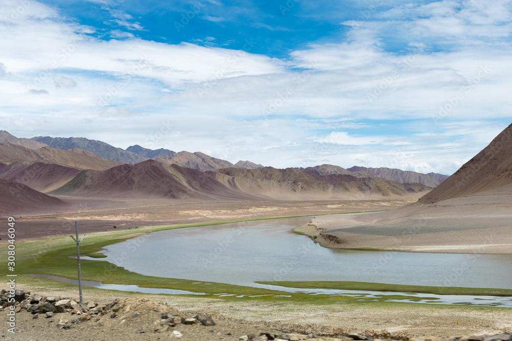 Ladakh, India - Jul 13 2019 - Indus River view from Between Maha and Nyoma in Ladakh, Jammu and Kashmir, India.