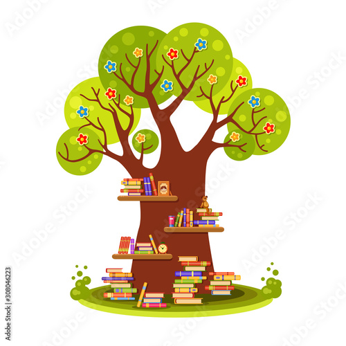 Big vector tree with flowers and brown wooden shelves with many colorful books, teddy bear, clock and a photo frame in cartoon style. Home library. Love reading. Education for kids