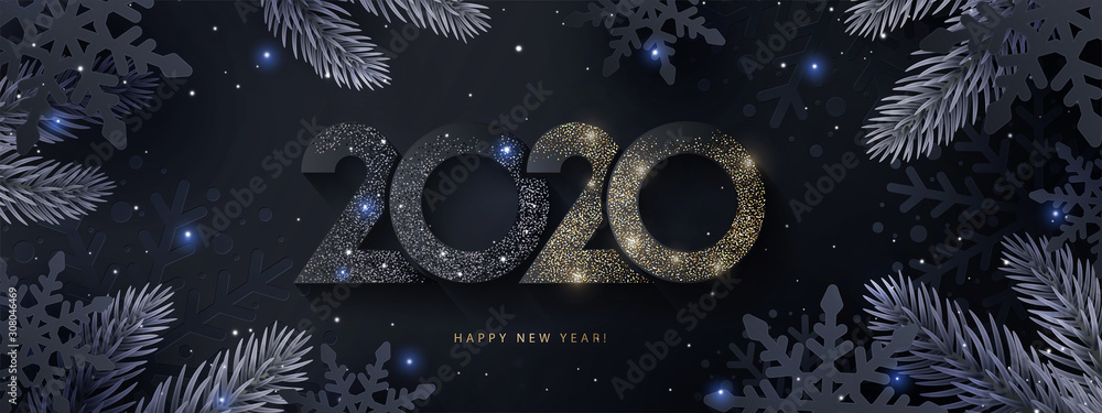 Fototapeta premium Happy New Year 2020 beautiful sparkling design of numbers on Dark elegant background with frame made of black snowflakes in paper cut style, beautiful fir branches and shining glitter. Minimal design.