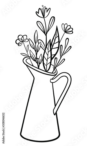 A picture of a jug with flowers and branches. Bundle of bouquet of wild and garden blooming flowers in a pitcher vase. Vector outline illustration drawings on a white background.
