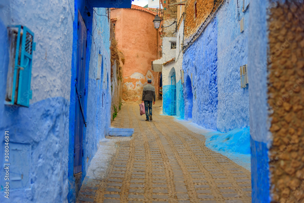 Typical beautiful moroccan architecture in Chefchaouen blue city medina in Morocco