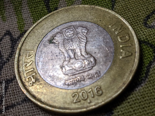 closeup of indian ten rupee coin 