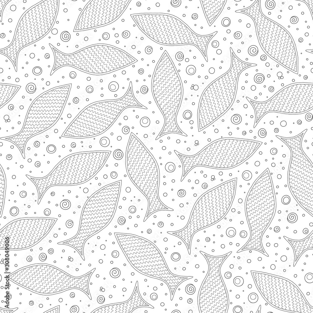 Naklejka premium Hand draw vector seamless pattern funny fishes.