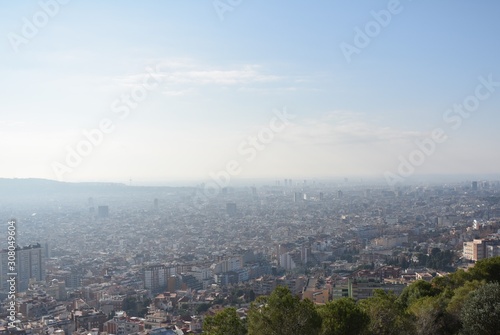 Vista aérea de la ciudad de Barcelona con luz natural de día, y con un cielo despejado de fondo y distintos árboles enmarcando la parte inferior de la imágen