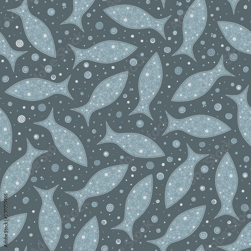 Vector seamless pattern with hand drawn geometric fishes.