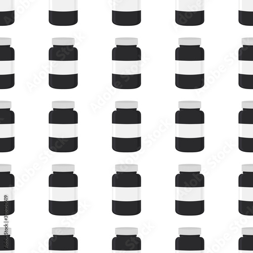 Illustration on theme big colored set different types of pills inside close jar