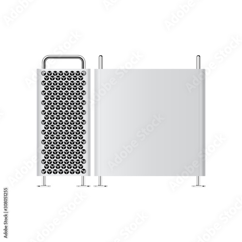 realistic new technology computer mockup. front and side view isolated on white background. very expensive and futuristic computer with grated cheese concept style. vector illustration.