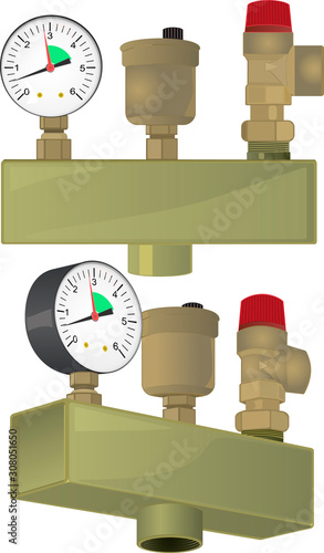 Safety group for heating systems, consisting of an air vent, a relief valve and a manometer.