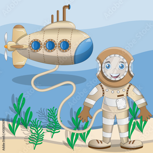Cute diver on the background of a submarine. Vector illustration.