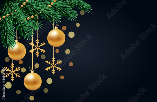 Merry Christmas and Happy New Year background with Christmas tree  hanging gold balls and snowflakes  festive beads and bokeh effect  vector illustration