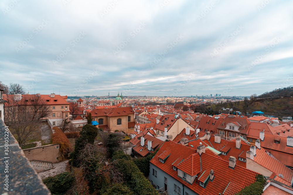 Prague. Czech Republic, old town panorama. Romantic view to the Cityscape of Winter Prague