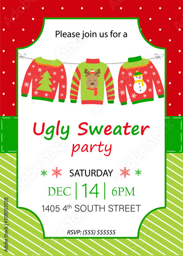 Ugly sweater party invitation with hanging funny jumpers and pullovers. Christmas holiday decoration. Layout template