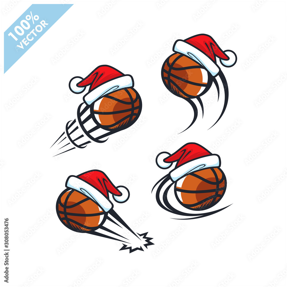 Basketball ball with santa hat christmas theme set of 4 logo vector	
