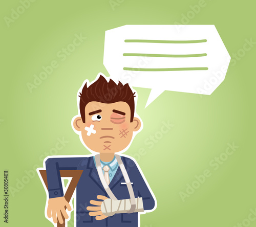 Illustration of an injured businessman. Man bruised, beaten. Sad, upset emotion. Flat style vector illustration