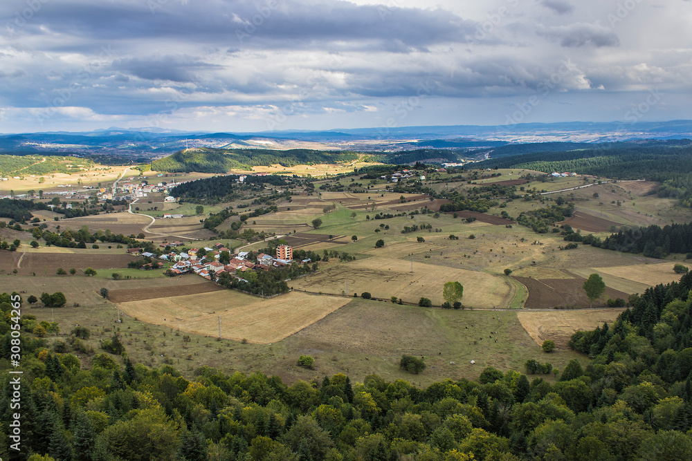 Panoramic view of green and yellow fields, green forest, blue mountain, clouds, small town and road