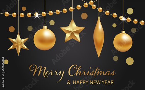 Hanging golden beads, christmas balls and stars on black background with bokeh effect. Vector illustration. Glowing Cristmas decoration. New Year poster, cover or banner design template. Winter holida