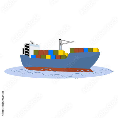 Large cargo sea ship. Sea liner for transporting large containers, isolate on a white background. Vector illustration.