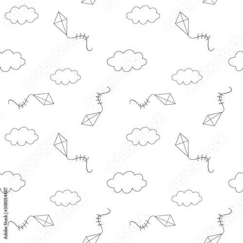 Seamless pattern  kite and cloud. Black and white. Outline, vector 