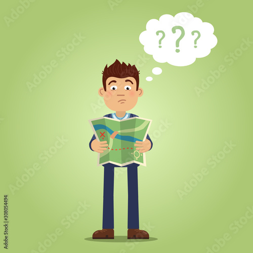 Illustration of a businessman reading a map. Confused businessman holding a map and thinking. Orienteering concept. Flat style vector illustration