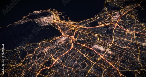 Aerial night view of city of Cape Town South Africa. Traffic and street light glowing. Camera flying above space filming to city center. Rotating around and making endless loop. 3d animation rendering