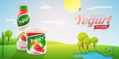 Raspberry yogurt packaging design on shiny outdoor background with trees and cows, flat techique vector illustration for milk or yogurt product branding or advertising design