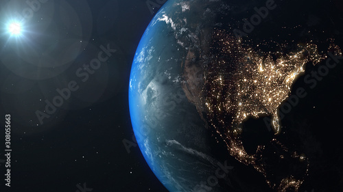 World and sun realistic 3D rendering. Shiny sunlight over Planet Earth, cosmos, atmosphere, america, usa . Shot from Space satellite
