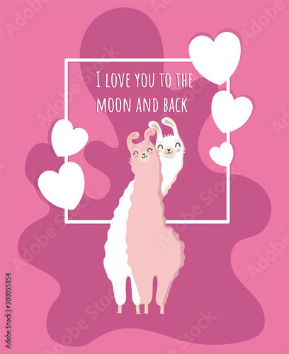 Collection of Valentine's day and llama in love with heart and details. Text - I love you to the moon and back. Typography poster,card,label,banner design set with background. Vector illustration.