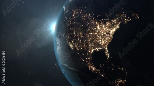 World and sun realistic 3D rendering. Shiny sunlight over Planet Earth, cosmos, atmosphere, america, usa . Shot from Space satellite