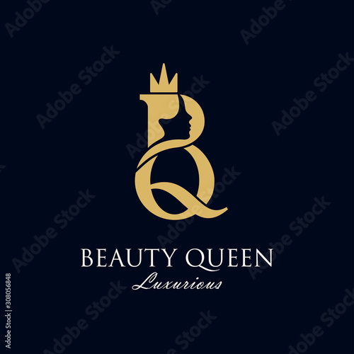 Initial B royal beauty queen woman face with swan and crown logo design vector, showing initial with lady face and swan on negative space