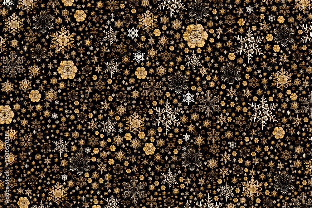 Golden snowflakes of different shapes and sizes on a black background