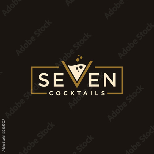 vintage logotype seven Cocktail logo design vector. alcohol drink icon. letter v as cocktail glass vector design template